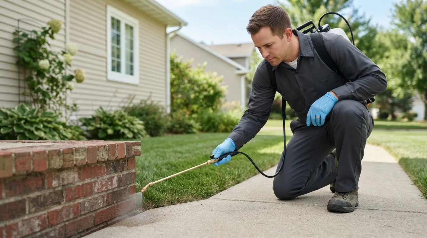 Pest control technician treating a home near East Smithfield, PA